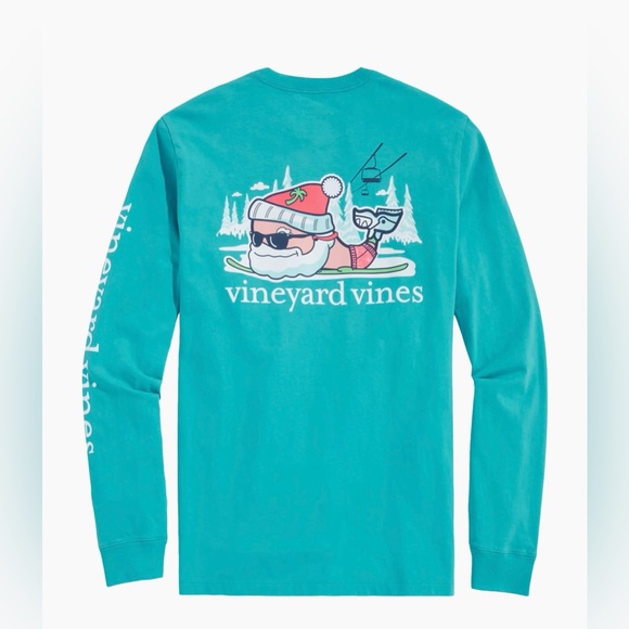 Vineyard Vines Men's Santa Ski Whale Long Sleeve Blue T Shirt L - Picture 1 of 5